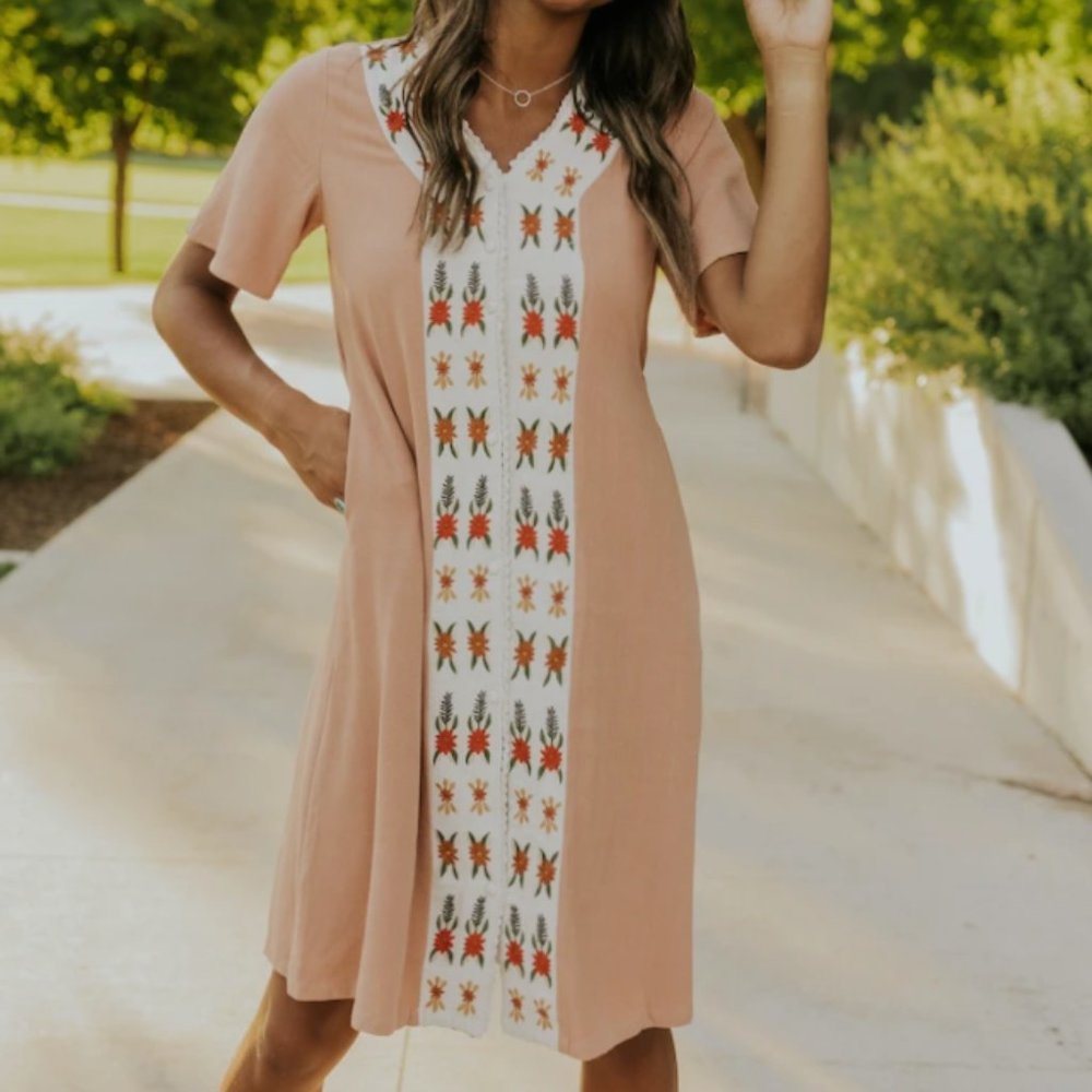Embroidered Button Dress with Pockets!